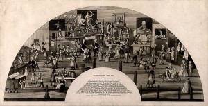 Bartholomew Fair, depicted in 1721 on a fan-shaped image. Wikimedia Commons.