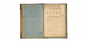 The manuscript of An Essay on Criticism that Pope prepared for the printers. Notice how carefully Pope has made the title look like it is printed; it is as if he has drawn printed letters.