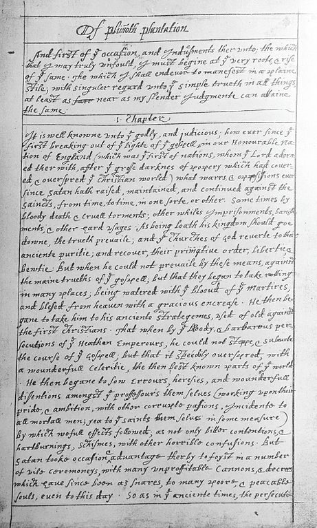 The first page of the manuscript of William Bradford's Of Plymouth Plantation. 
