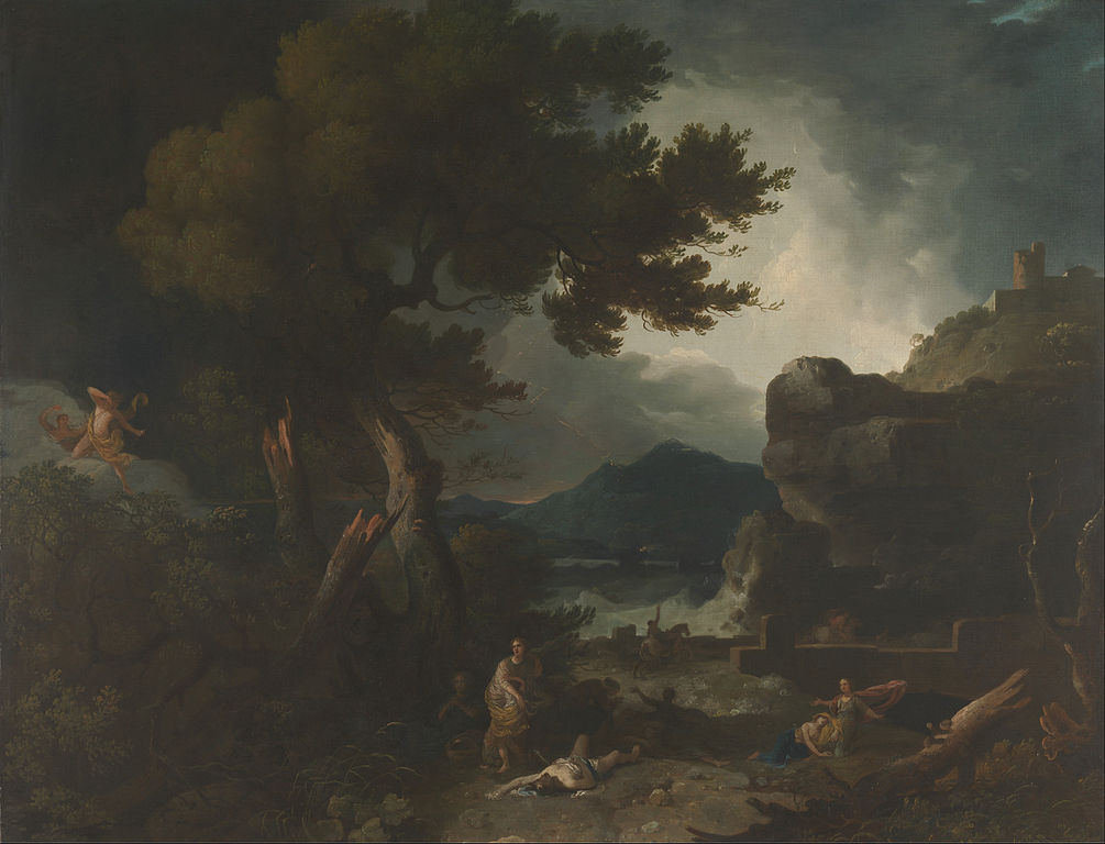 The Destruction of Niobe's Children, by Richard Wilson, 1760 (Wikimedia Commons).   Wheatley must have seen this painting in London in the summer of 1773, when she had come there from Boston to supervise the publication of her volume of poetry. Now at the Yale Center for British Art, this painting is enormous, about five feet by six feet, and it is not surprising that Behn, who had already read the story from Ovid's Metamorphoses, was impressed.